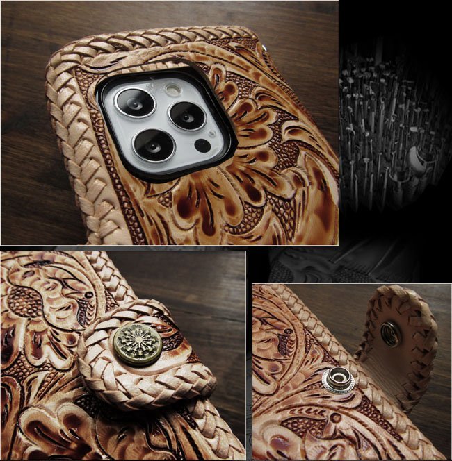 iPhone 15 Pro iPhone case smartphone case notebook type leather case smartphone cover saddle leather hand made Carving snap-button 