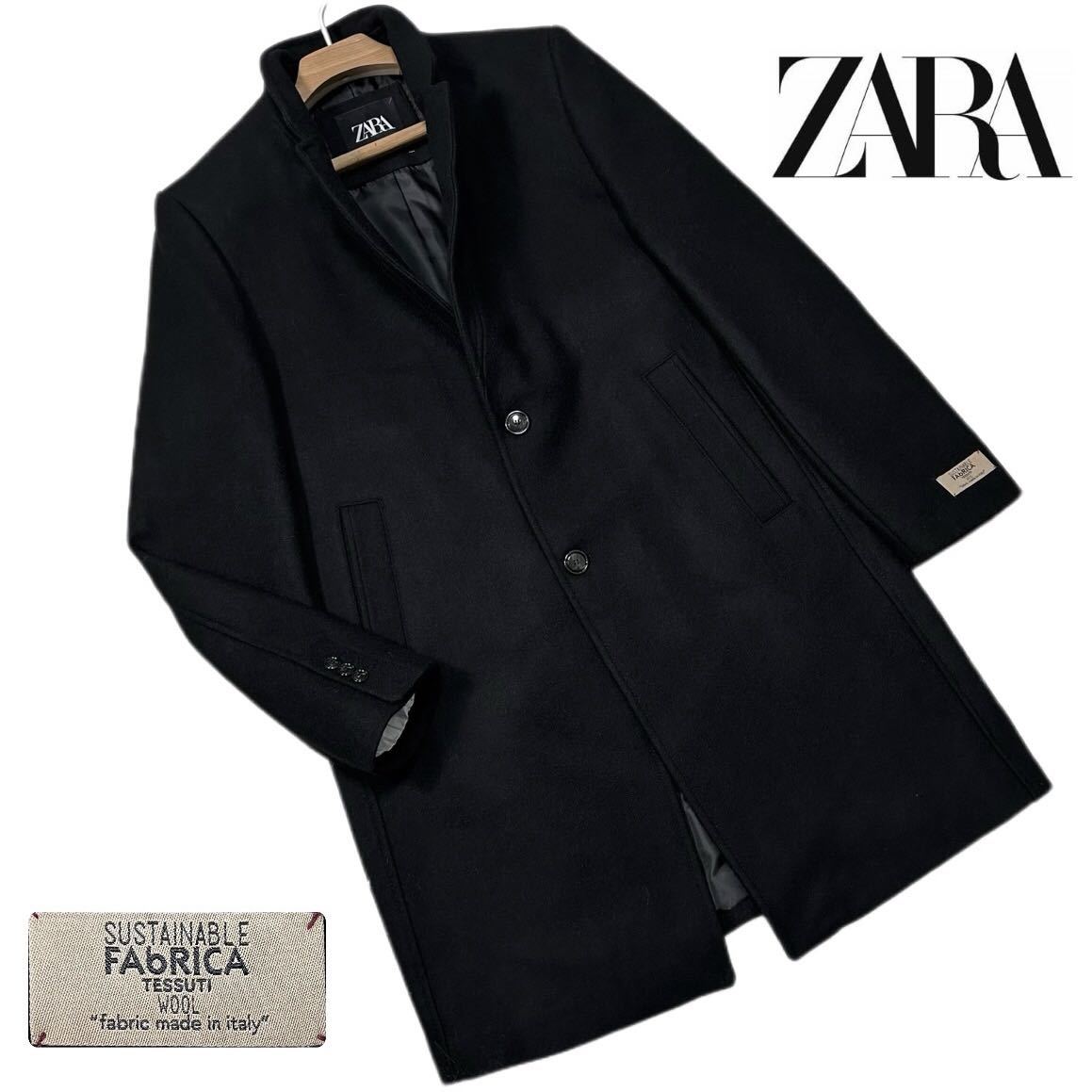 【未使用級/XLサイズ】ZARA ザラ イタリア製生地 サステナブル メンズ チェスターコート スタンドカラーコート ロング丈 ビジネスコート 黒_画像1