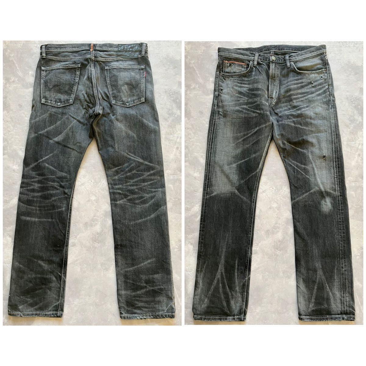  prompt decision W36 Edwin EDWIN 5052RV black Denim made in Japan MADE IN JAPAN orange cell bichi jeans ear attaching damage processing slim tapered 