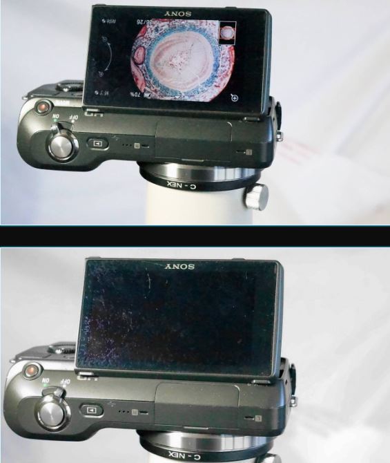 ニコン顕微鏡 OPTIPHOT、LABOPHOT、SMZ-2Tなどのニコン旧型三眼鏡筒対応のカメラアダプタ(新品)と、ミラーレスデジカメ(中古)のセット_カメラ画面の汚れ。オンにすると目立たない