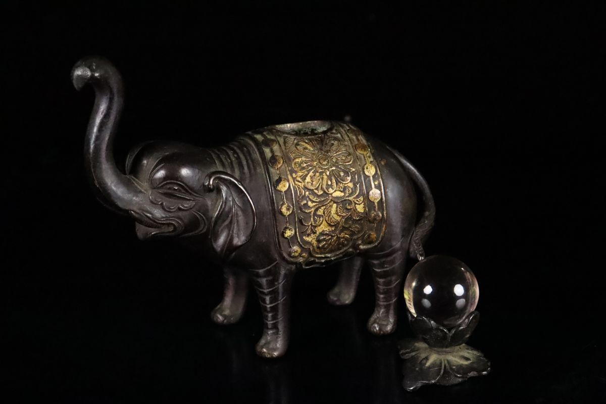 時代古玩 金工師造 銅製 金象嵌象香炉 水晶 14cm 635g 中国美術 香炉