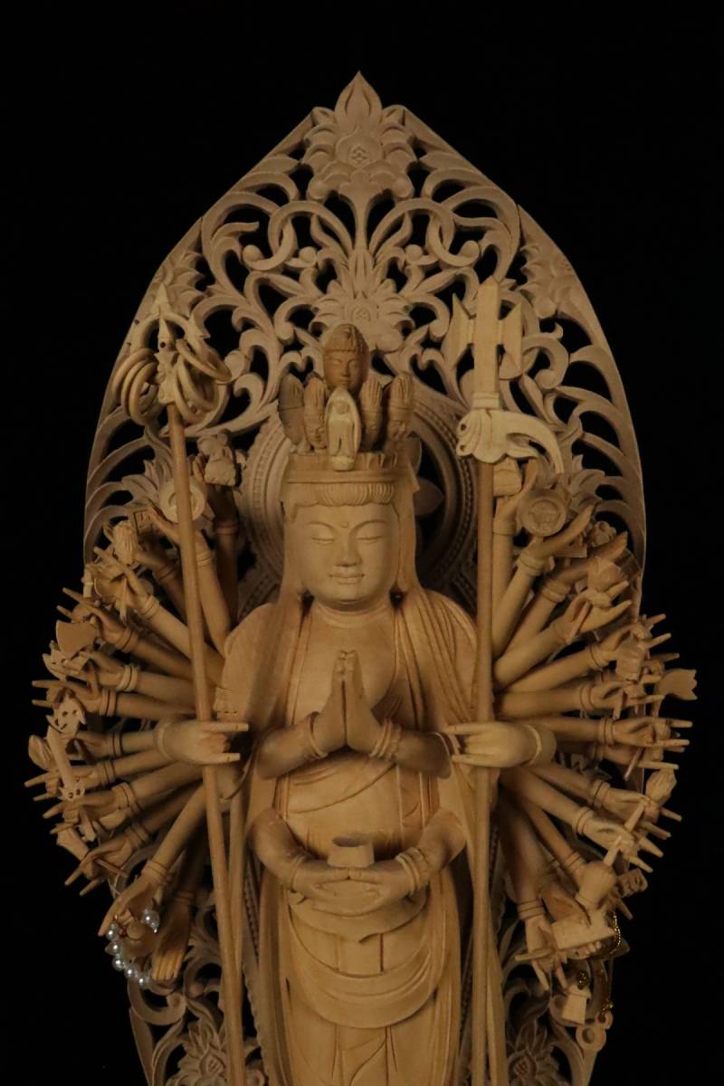 仏教美術 木彫 千手観音立像 高さ特大41cm 細密彫刻 仏像骨董[510187t]_画像3