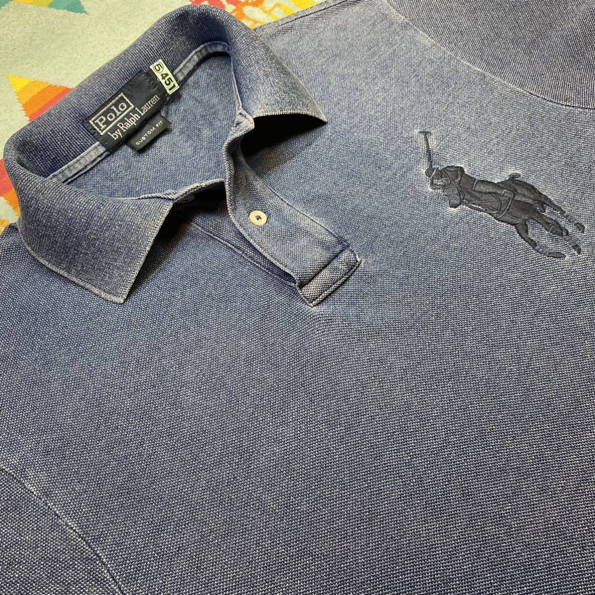 レア武骨ラギッド雰囲気抜群クリーニング済 正規Polo Ralph Laurenラルフローレン インディゴ本藍染Medium Indigo Big PONY刺繍ポロシャツS_サラリ爽やか目の詰まった綿100％鹿の子編