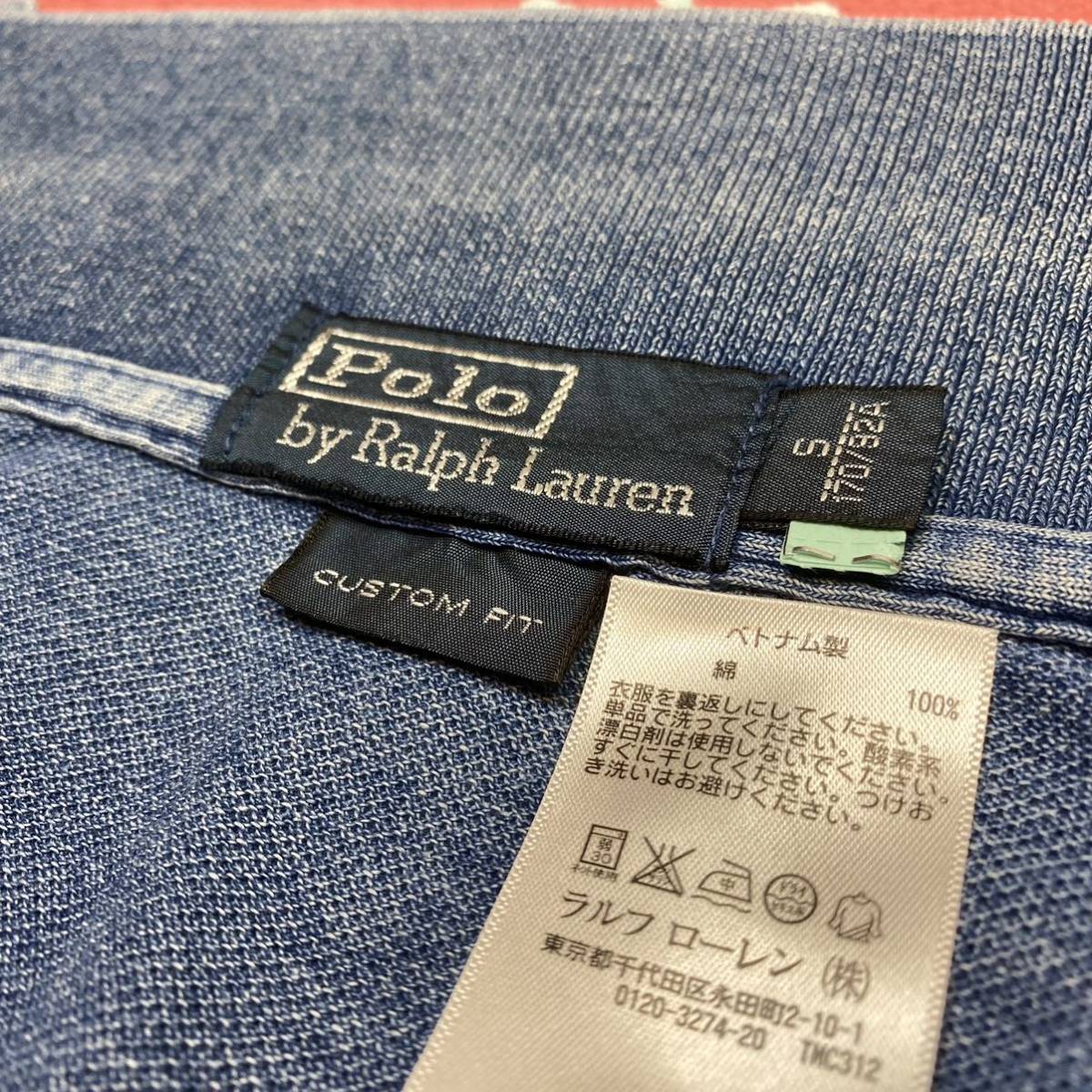 レア武骨ラギッド雰囲気抜群クリーニング済 正規Polo Ralph Laurenラルフローレン インディゴ本藍染Medium Indigo Big PONY刺繍ポロシャツS_襟裏シミ無く綺麗ラルフローレン表記正規品