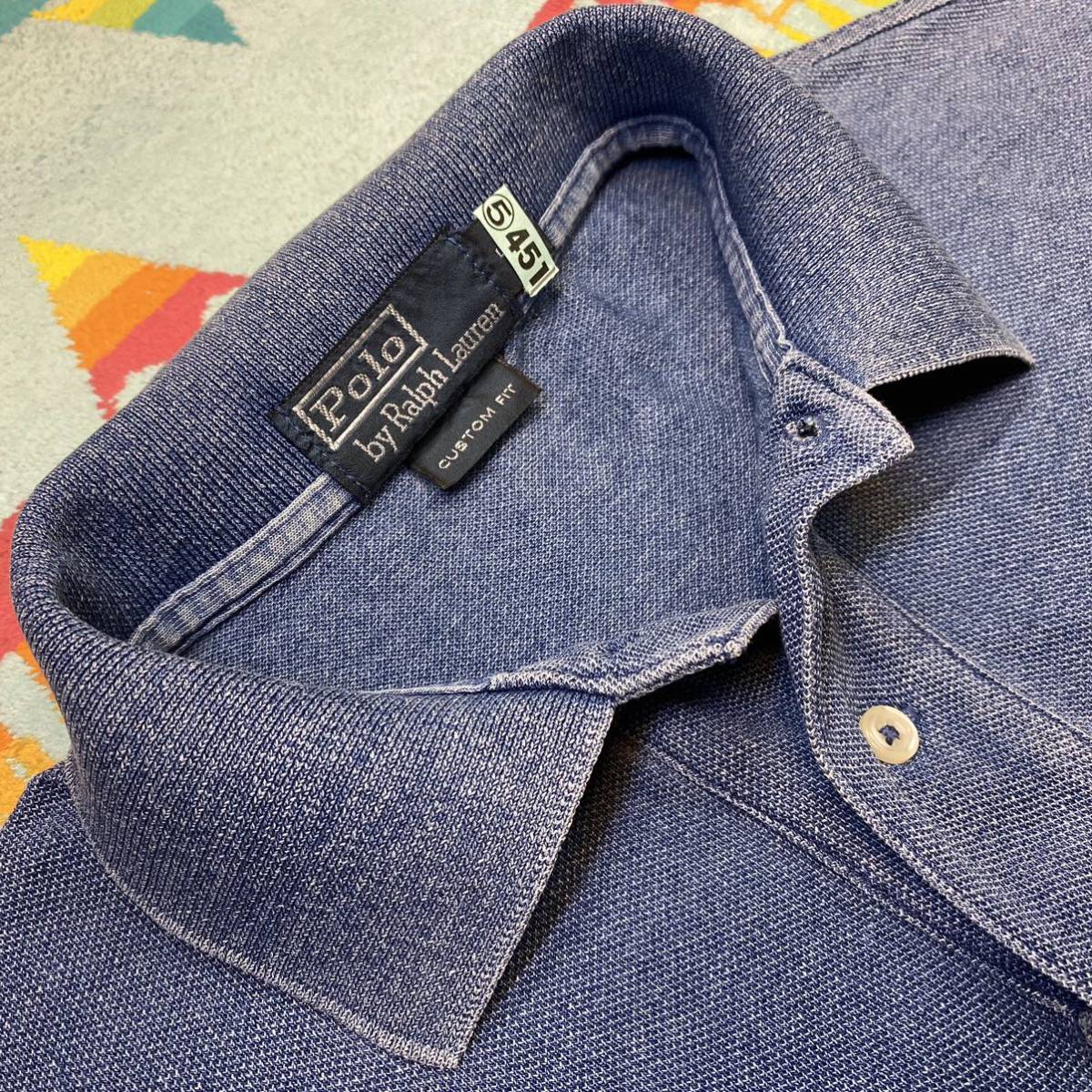 レア武骨ラギッド雰囲気抜群クリーニング済 正規Polo Ralph Laurenラルフローレン インディゴ本藍染Medium Indigo Big PONY刺繍ポロシャツS_張りのある綺麗なアーチ立上り良い襟元