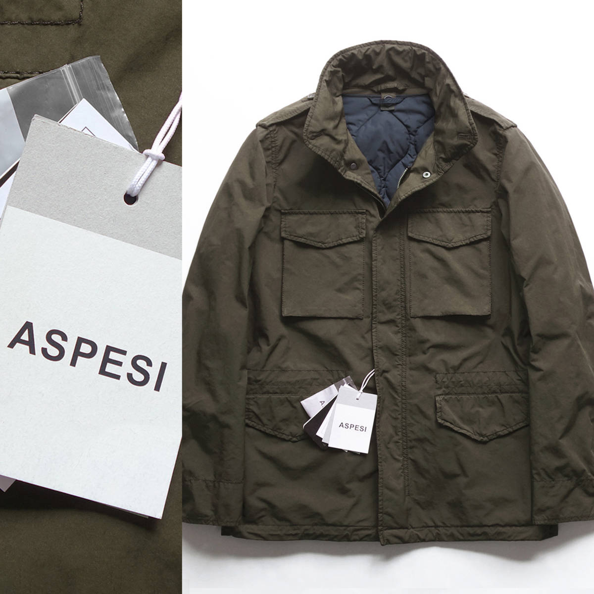 【 ASPESI アスペジ 】 新品難有 製品染めナイロン脱着中綿ベスト付M-65ジャケット MINIFIELD RFD VEST オリーブ XS 159,500円 44相当_画像1