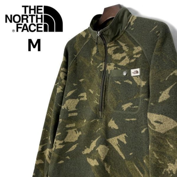 1円～!売切!【正規新品】THE NORTH FACE PRINT GORDON LYONS 1/4ZIP フリース プルオーバー US 登山 厚手ニット(M)カーキ 迷彩柄 181024-40_画像1