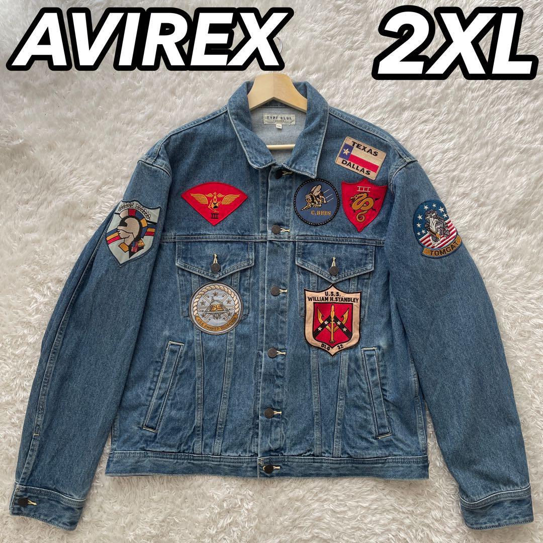 AVIREX アヴィレックス アビ デニムジャケット Gジャン ワッペン パッチワーク 2XL XXL 3L XO TYPE BLUE オーバーサイズ  ビッグシルエット