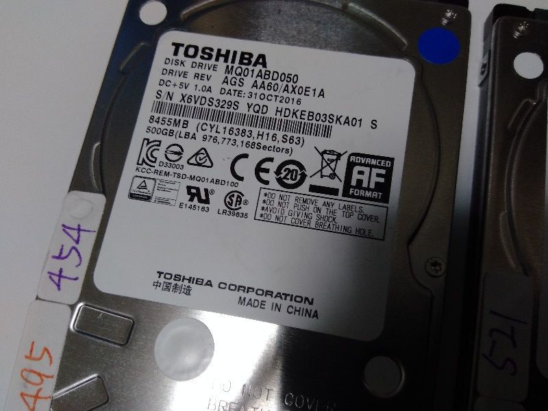 ■ 495時間 ＋ 630時間　東芝　500gb HDD　2個セット ノート用 ／正常判定　送料無料_画像2