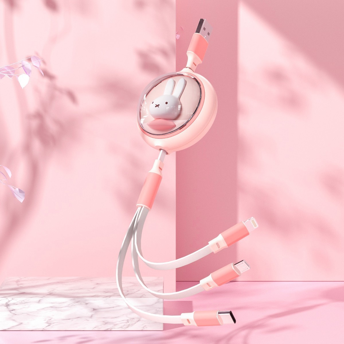 日本未発売★ミッフィー×MIPOW★3in1 USB 充電 ケーブル ピンク miffy iPhone Android Type-ｃPC Apple 格納式 巻き取り式 マイポーの画像2