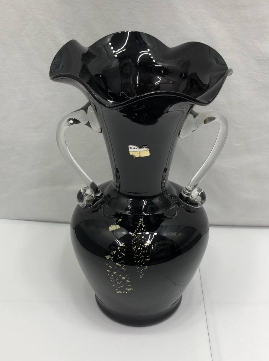 カメイガラス KAMEI GLASS OSAKA 花瓶 花器 フラワーベース 本金使用 ブラック系 黒系 231117_画像1