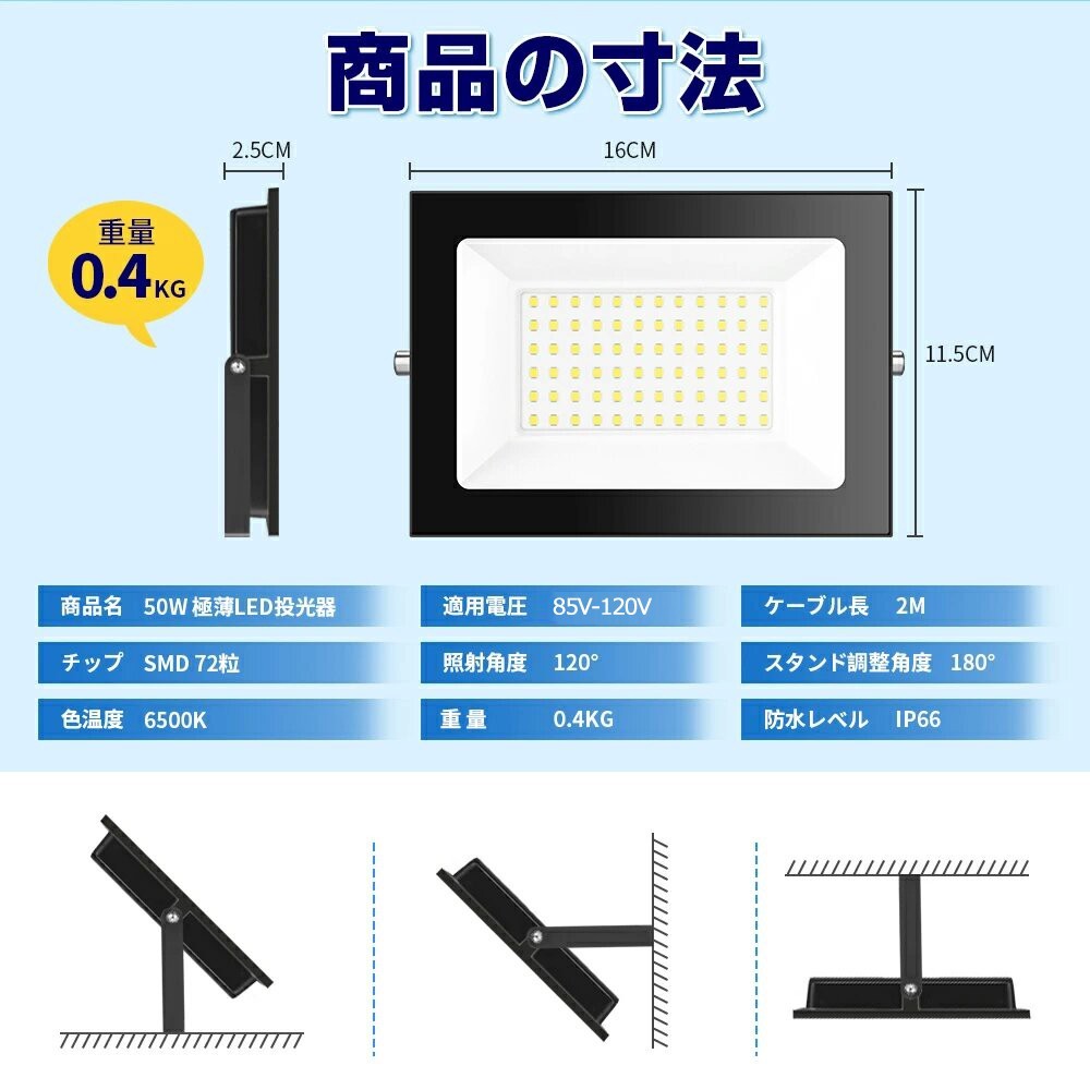 【即納】5台 50W 500W相当 85V-120V 昼光色 6000K LED 作業灯 薄型 LEDライト IP66 防水 PSE コンセント式 120° 広角ライト WBK-50-1_画像2