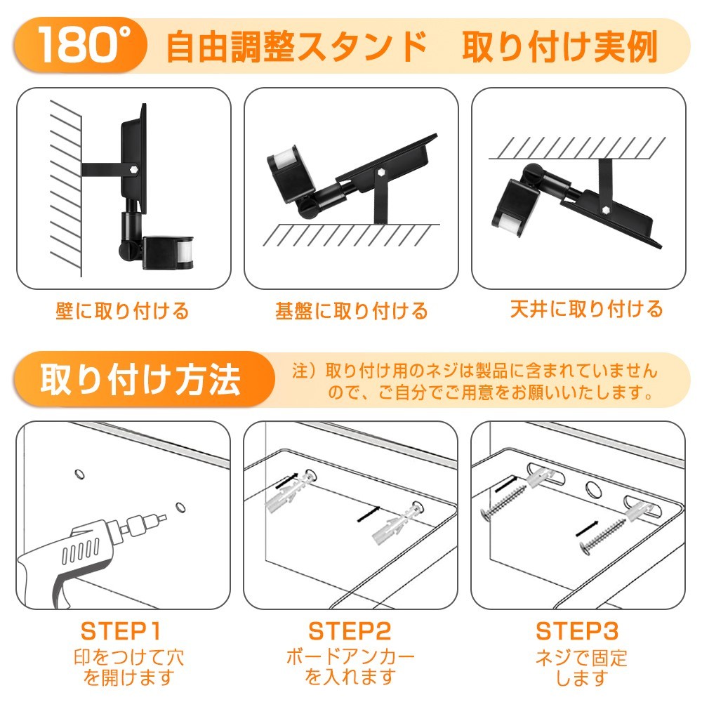 【即納】2台 センサーライト 50W 500W相当 LED投光器 昼光色 6000K 人感センサー 防犯ライト 作業灯 IP66防水 広角ライト 送料無料 GZW-05の画像4