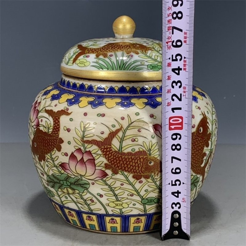 ◆古風堂◆中国・清 乾隆年製 魚藻紋描金茶葉罐 極細工 古置物 古董品 古美術 古賞物_画像7