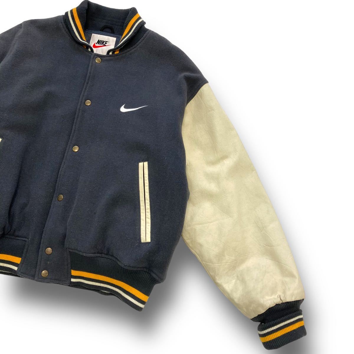 90s ナイキNIKE 袖レザー 銀タグ スタジャン ジャンパー ジャケット-