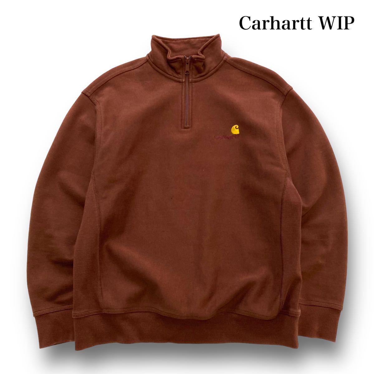 【Carhartt WIP】カーハートダブルアイピー ハーフジップ スウェットトレーナー 刺繍ロゴ ブラウン 古着 ユニセックス 茶色 (Mサイズ)