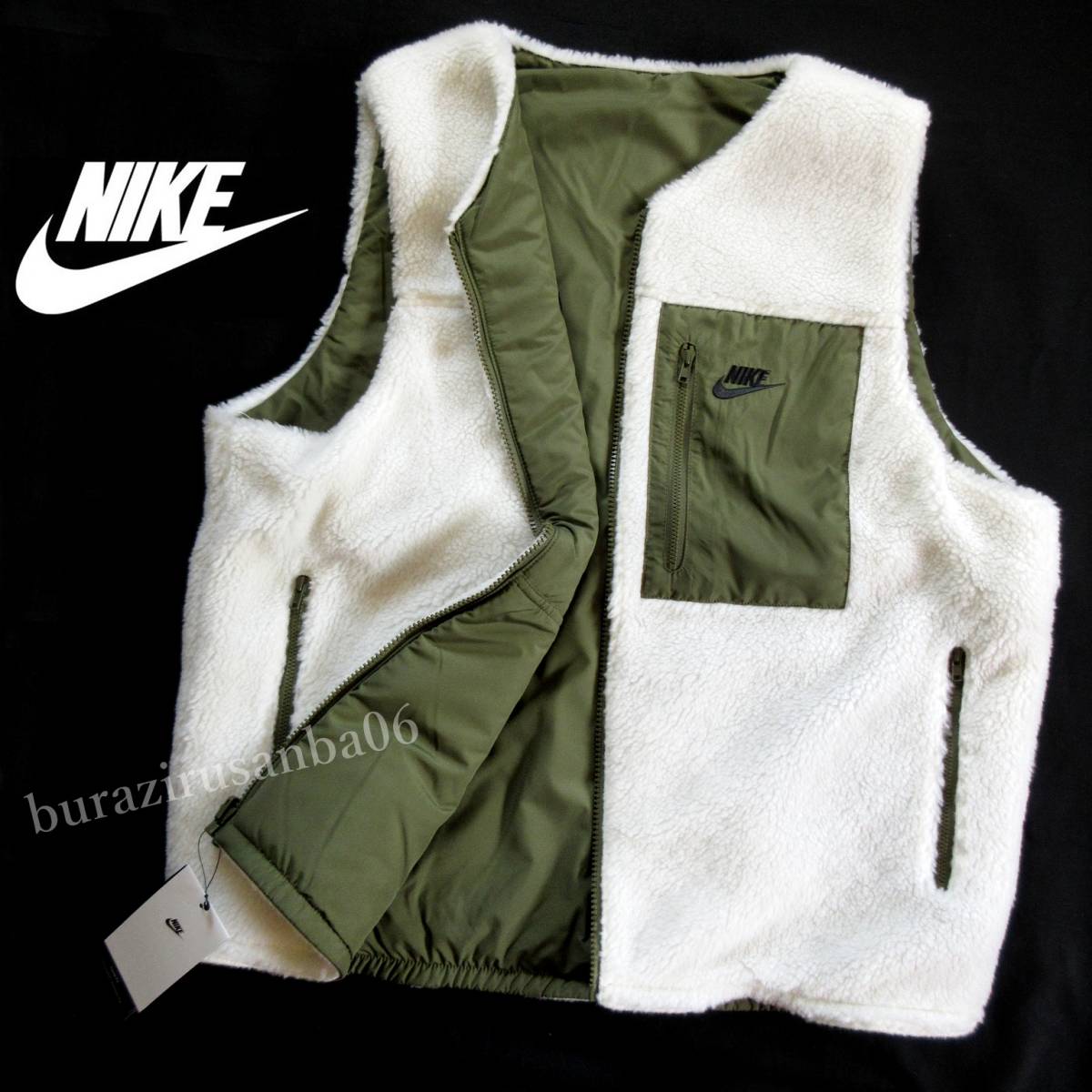 メンズ L◆未使用 定価12,650円 NIKE ナイキ リバーシブル ボアフリース ベスト 高耐久リップストップ素材 ボアベスト ルーズフィット_画像1