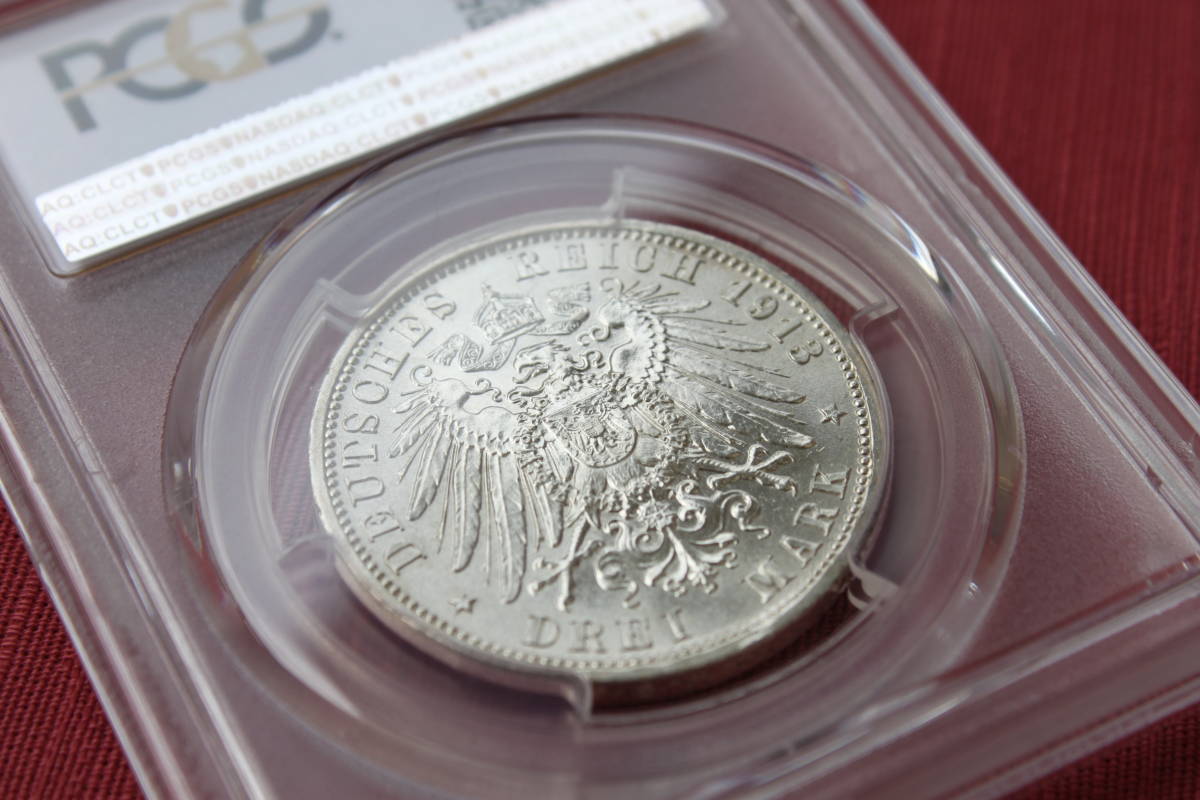  原文:【高鑑定】 ドイツ 1913A ヴィルヘルム2世 3マルク銀貨 PCGS MS64