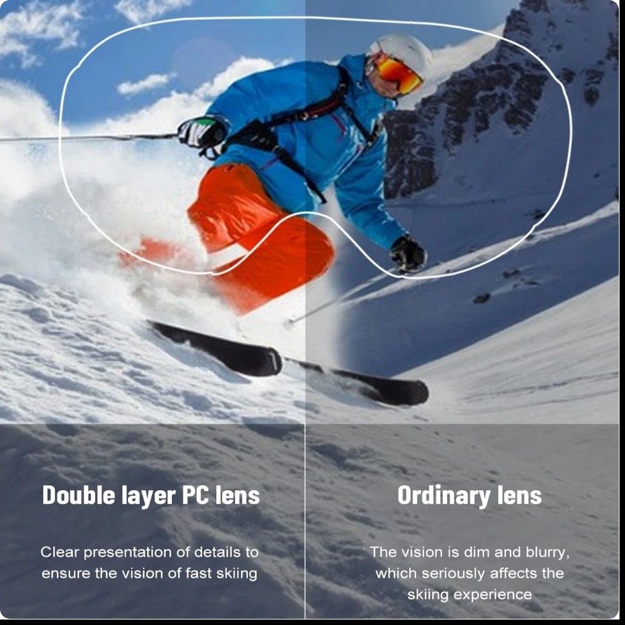 二層（ダブルレイヤー）スキーゴーグル、スノーゴーグル、スノボ、曇り止めUVカット 【サイズ】大人用（10×19mm）【色】オレンジ