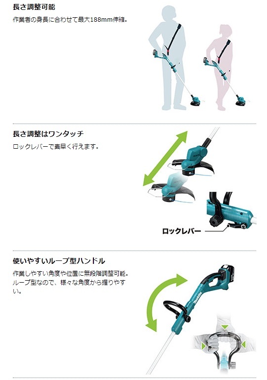 (マキタ) 充電式草刈機 MUR193DSF ループハンドル バッテリBL1830B+充電器DC18SD付 刈込幅φ260mm 18V対応 makita 大型商品_画像4