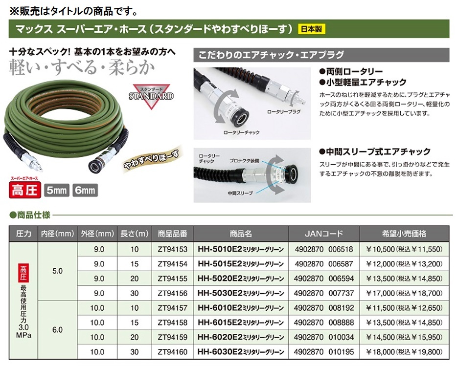 在庫 数量限定品 マックス スタンダードやわすべりほーす HH-6030E2 ミリタリーグリーン ZT94160 高圧用エアホース 内径6.0mm 長さ30m MAX_画像2