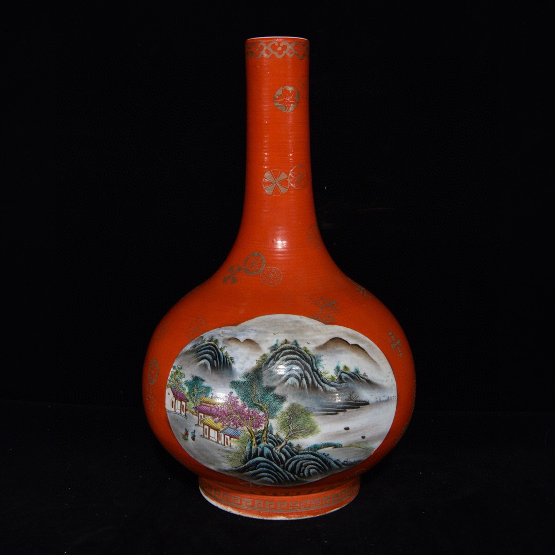 ▽鴻▽清 乾隆年製款 礬紅 山水紋 膽瓶 古陶瓷品 置物 古賞物 中国古玩 中国古美術