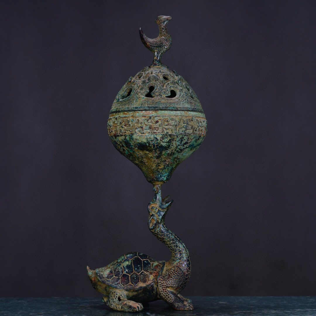 ▽鴻▽ 戦漢 青銅製 龜上鶴熏炉 置物 古賞物 中国古玩 中国古美術