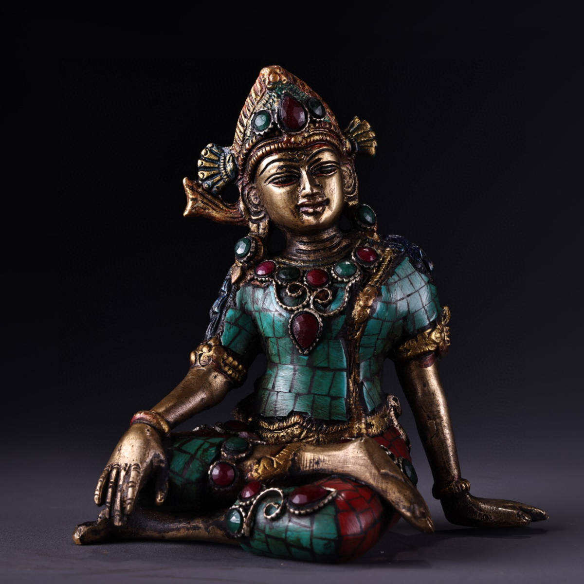 最新作 ▽鴻▽ 銅製 寶石嵌 彩繪 描金 度母像 置物 古賞物 中国古玩 中国古美術 仏像