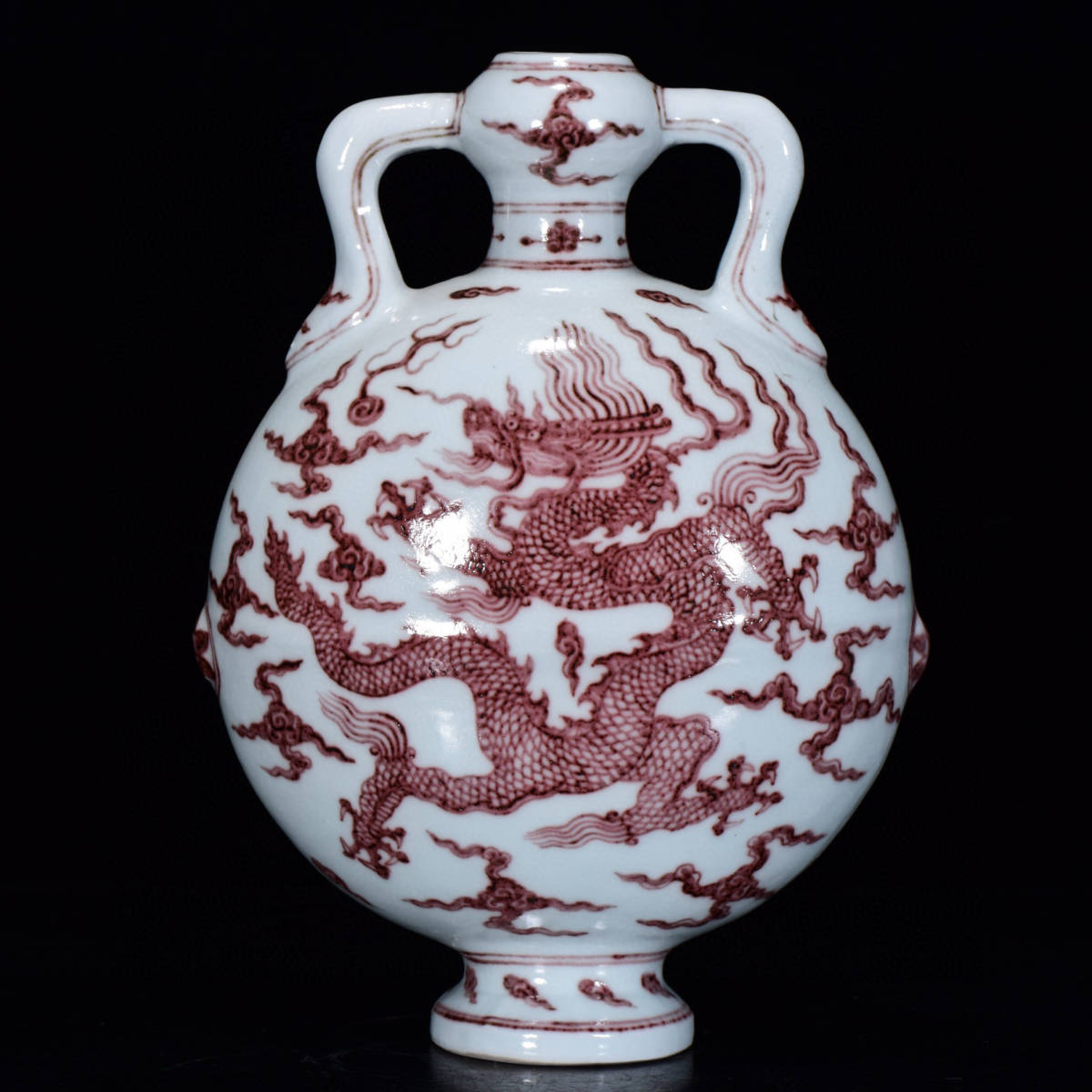▽鴻▽明 宣德年製款 釉里紅 龍紋 扁瓶 古陶瓷品 置物 古賞物 中国古玩 中国古美術