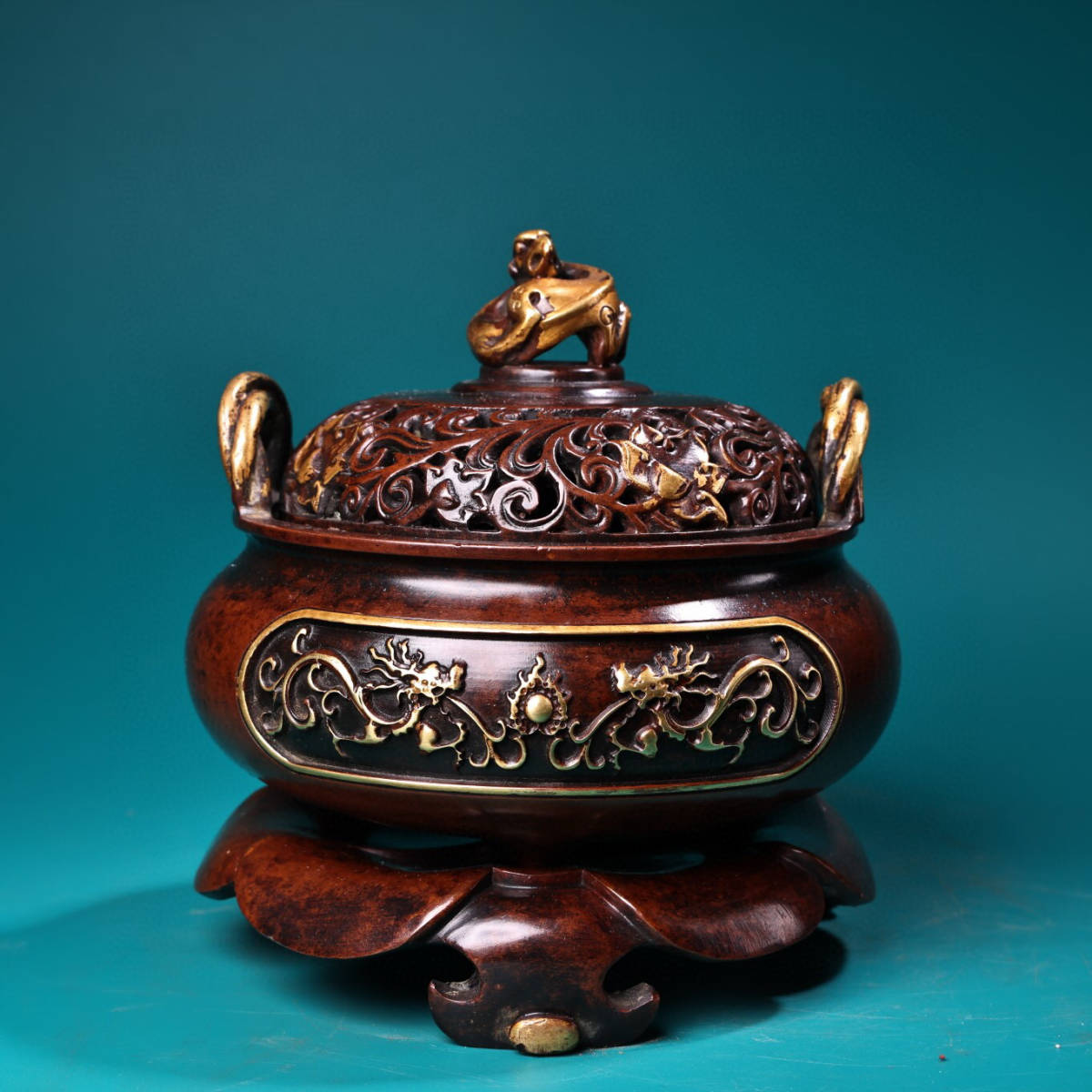 ▽鴻▽ 紫銅製 塗金 二龍戲珠紋 熏香炉 置物 古賞物 中国古玩 中国古美術