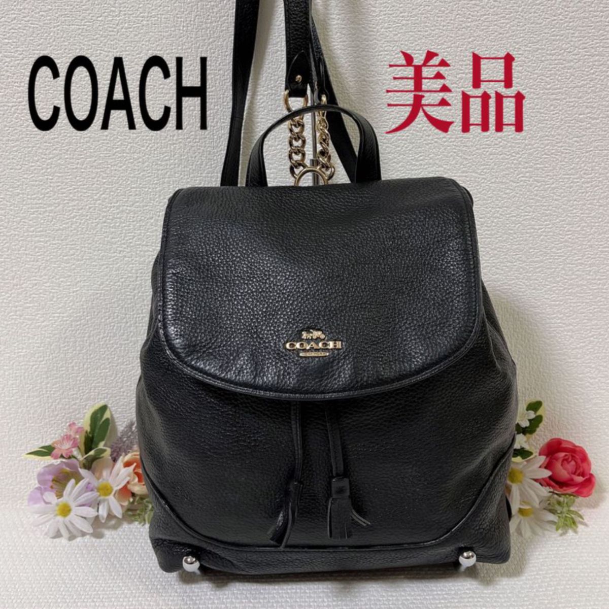 【美品】COACH コーチ リュックサック レザー バックパック 巾着 金具 ゴールド チェーン ブラック系 黒