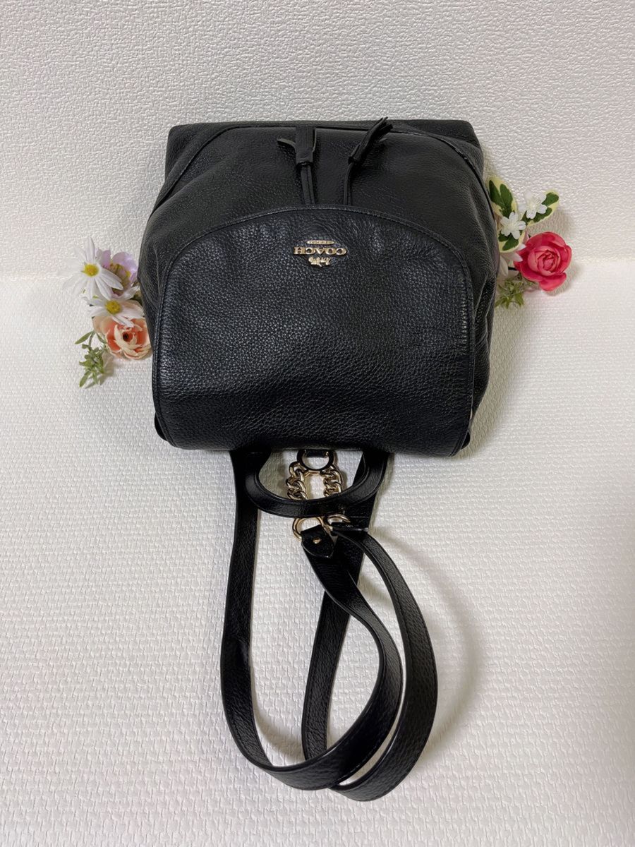 【美品】COACH コーチ リュックサック レザー バックパック 巾着 金具 ゴールド チェーン ブラック系 黒