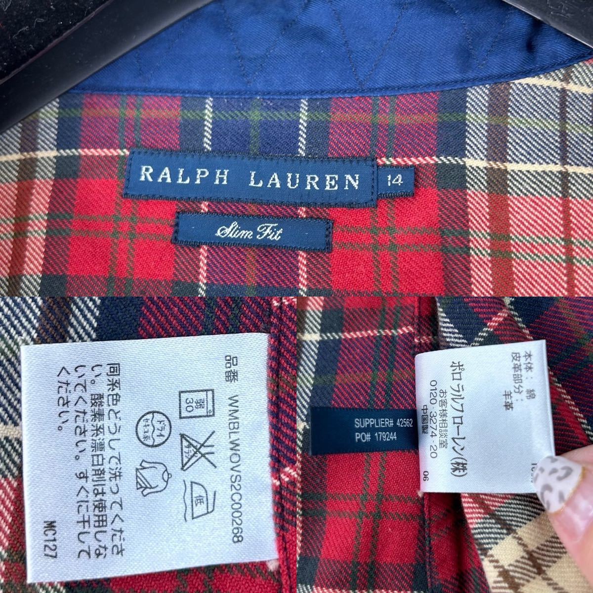 RALPH LAUREN ラルフローレン メンズ 男性 シャツ 長袖 羊革 レザー切り替え チェック柄 赤 レッド Lサイズ 送料無料 レアモデル_画像2