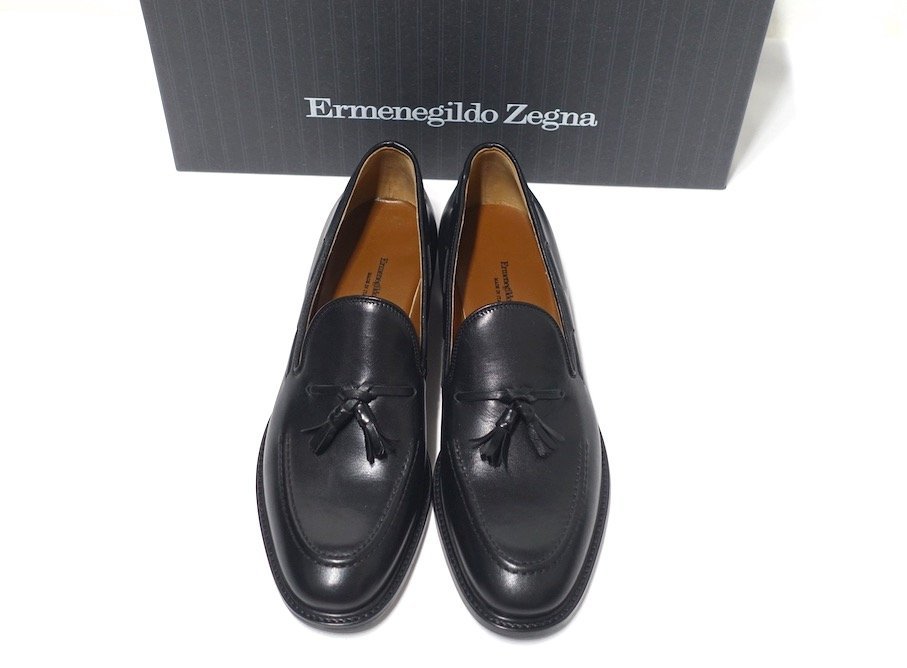 定価14万 新品未使用 Ermenegildo Zegna ゼニア レザー タッセルローファー ブラック カーフ メンズ 40 ビジネスシューズ 24～24.5cm_画像1