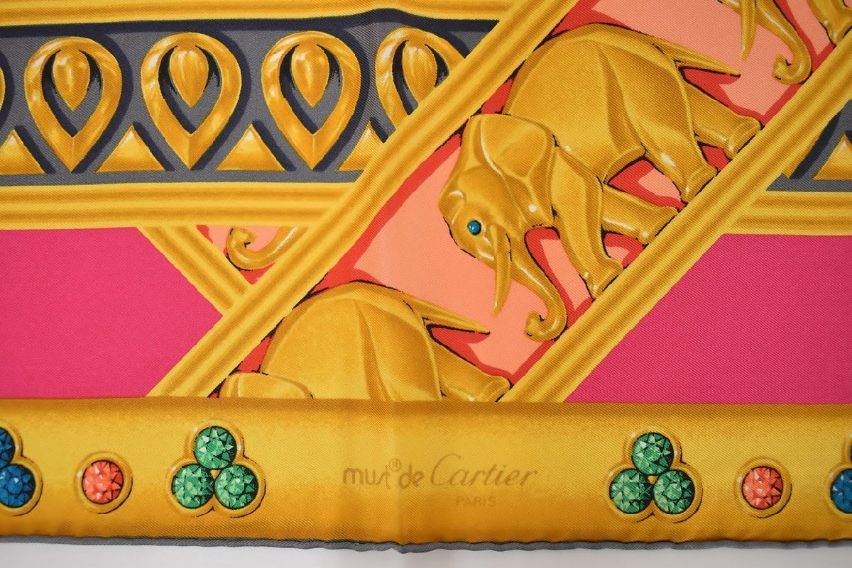 Cartier スカーフ ピンク系 Must de Cartier マストドゥカルティエ シルク100％ 宝石 象モチーフ フランス製 美品 2310LS284_画像3