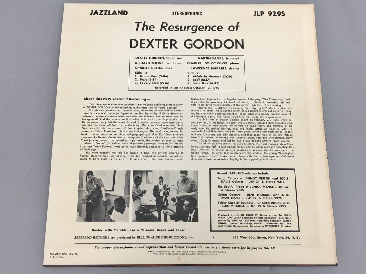 LPレコード The Resurgence Of Dexter Gordon Jazzland JLP 929S 2310LBR084_画像2