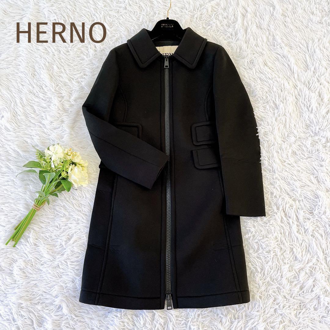 未使用品☆HERNO☆ヘルノ　ボンディング　フロントジップロングコート　ブラック黒　サイズ42