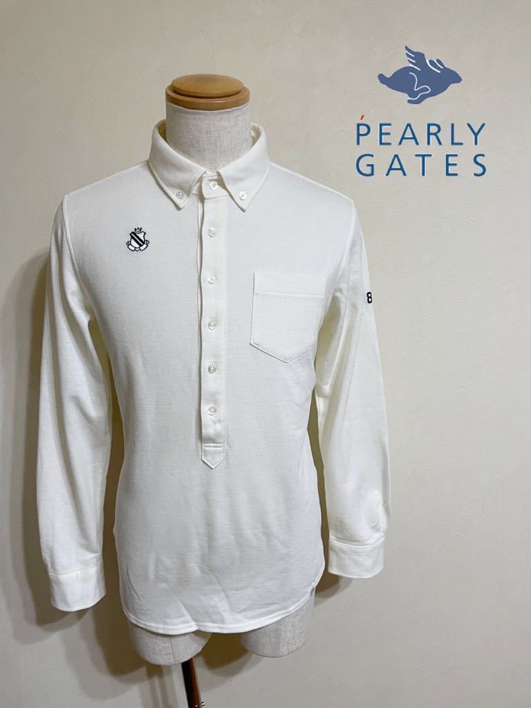 【美品】 PEARLY GATES GOLF パーリーゲイツ ゴルフ ボタンダウン 鹿の子 ポロシャツ トップス サイズ5 長袖 オフホワイト 053-7261101