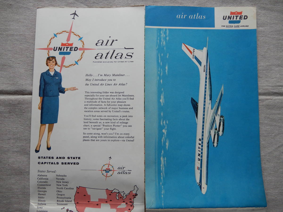 1963年ユナイテッド航空UNITED THE EXTRA CARE AIRLINE air atlas パンフレット(英字) 91×53㎝程　AC901_画像8