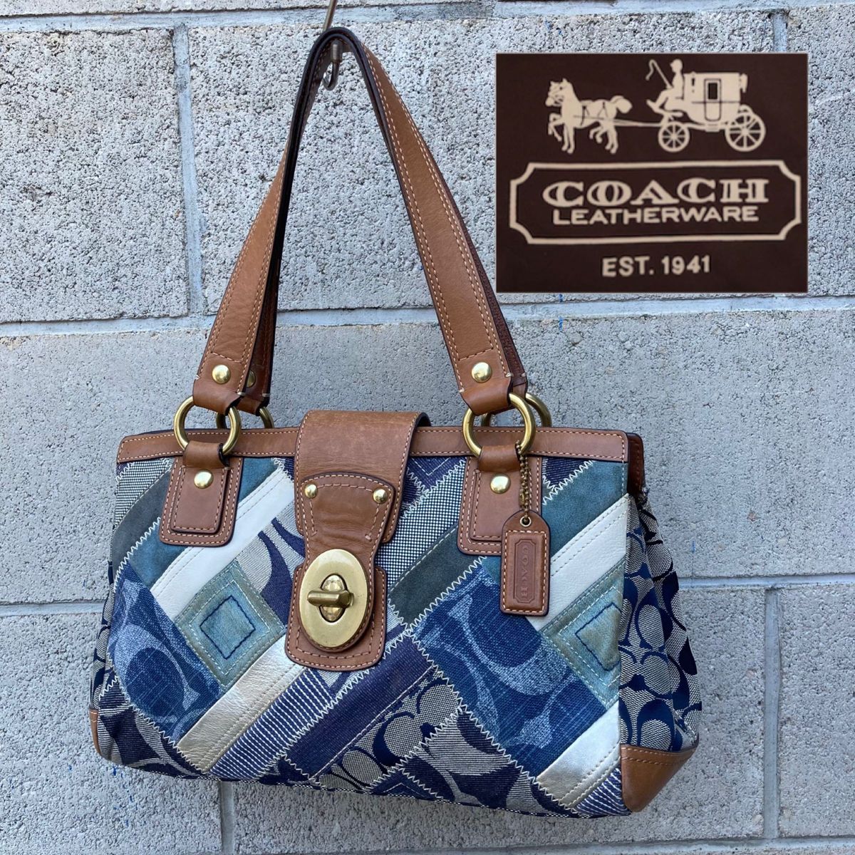 コーチ　ＣＯＡＣＨ　パッチワーク　トートバッグ　ブルー　デニム　ターンロック