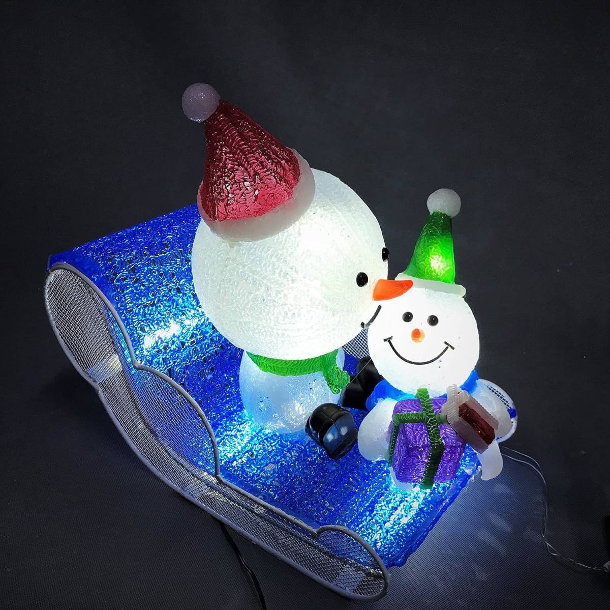 クリスマス クリスタルオーナメントライト 雪だるま親子ソリに乗る LEDイルミネーション 存在感抜群 トナカイ 屋外仕様 ベランダ 庭 照明