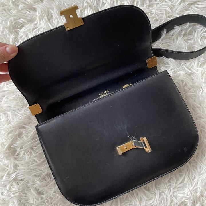 【1円〜】CELINE セリーヌ ヴィンテージ 馬車金具 ホースキャリッジ ロゴ　レザー セミ ショルダーバッグ ネイビー _画像4