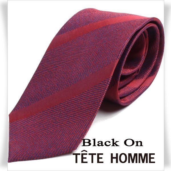 新品1円～★Black On TETE HOMME テットオム シルク絹100％ ネクタイ ストライプ ボルドー 正規店本物◆4365◆_画像1