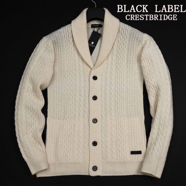 新品1円～★定価3.9万 BLACK LABEL ブラックレーベル クレストブリッジ メンズ ケーブルショールカラーカーディガン L ウール毛 ◆5105◆_画像1