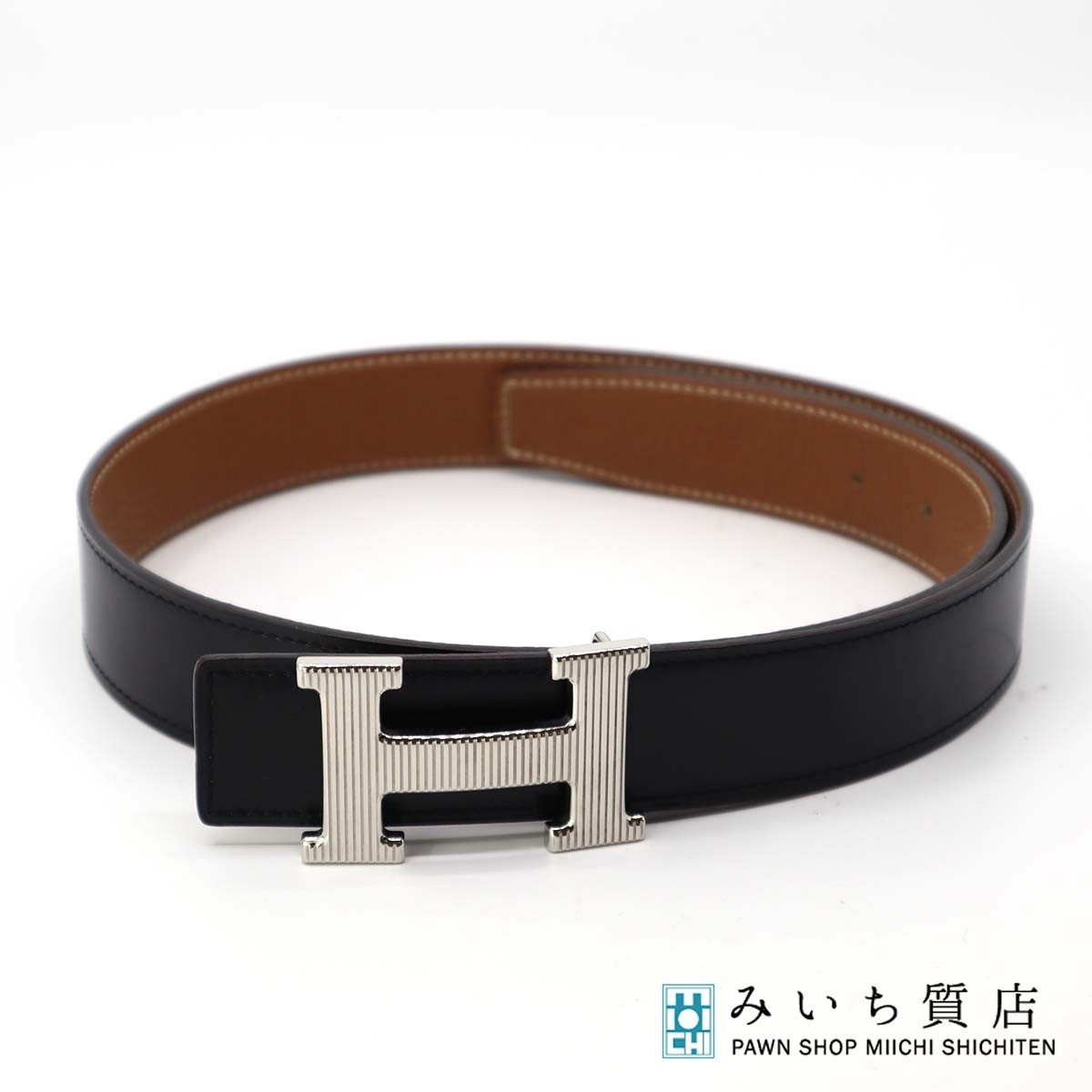 質屋 エルメス HERMES Hベルト ストリエ 80 ブラック ブラウン ボックスカーフ トリヨン □M 2009年 M1342 みいち質店_画像1