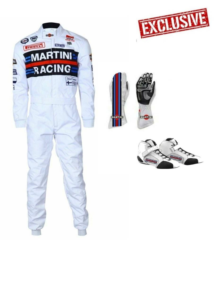海外 高品質　送料込み　マルティーニ　MARTINI 　F1 レーシングスーツ　シューズ　グローブ　豪華３点セット　サイズ各種レプリカ