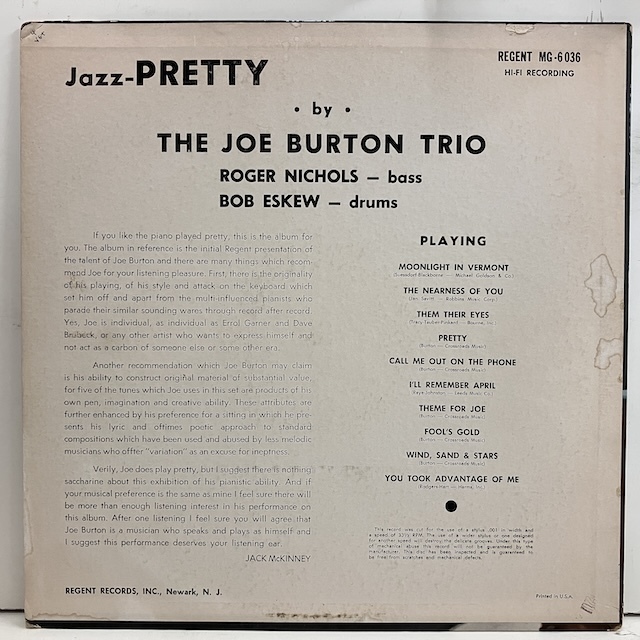 ■即決 JAZZ Joe Burton Trio / Jazz Pretty mg6036 j38820 米オリジナル、Dg Mono Rvg手書き刻印 _画像2