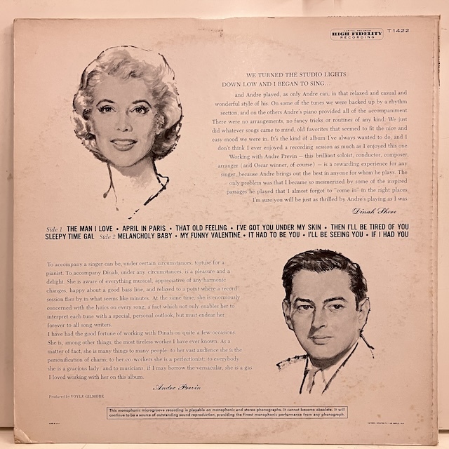 ■即決 VOCAL Dinah Shore / Dinah Sings Previn Plays t-1422 jv5631 米オリジナル、艶黒虹左ロゴMono _画像2