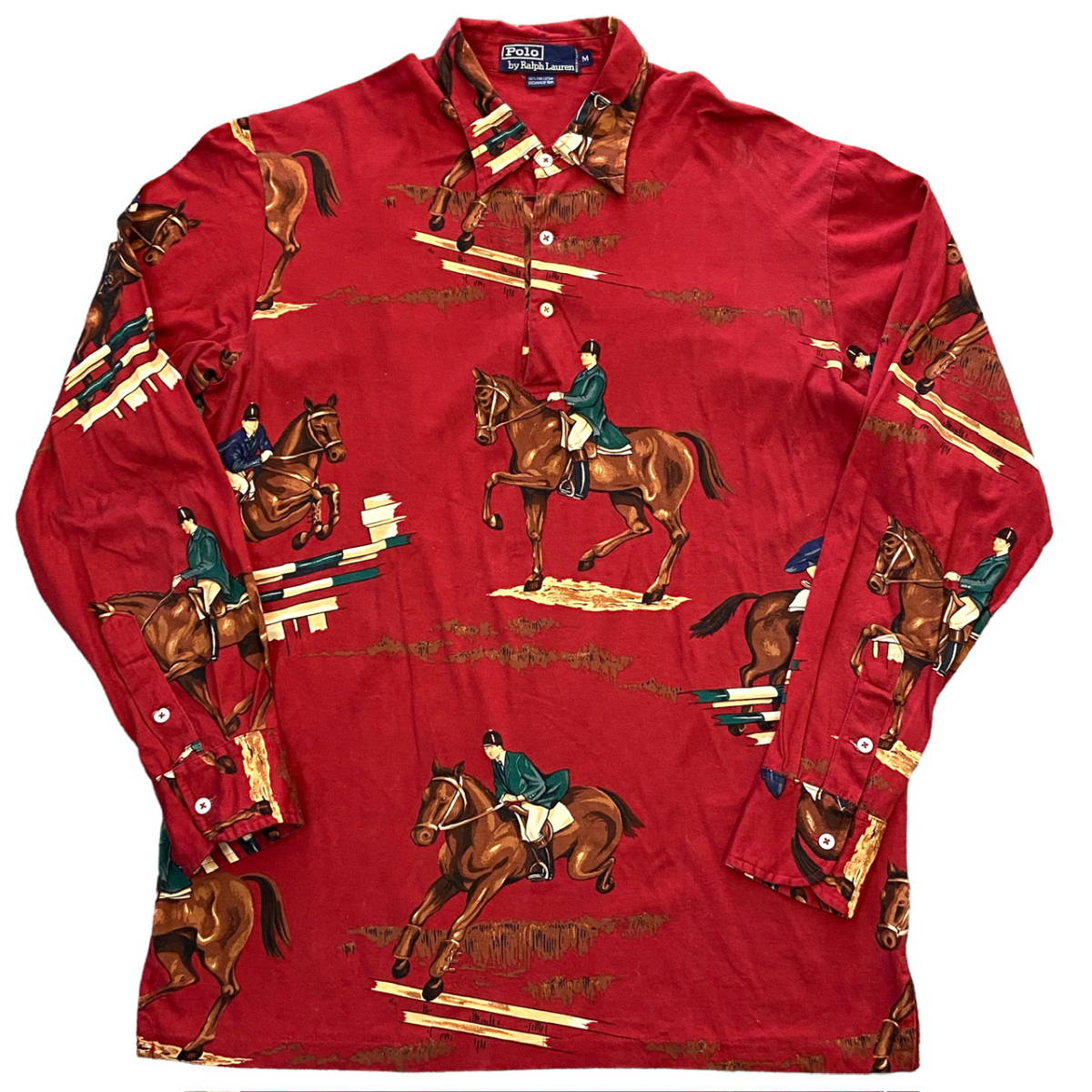 販売販売好調 Polo Ralph Lauren 乗馬 総柄 長袖 ポロシャツ M レッド コットン ホース 馬 騎手 シャツ 90s ポロ ラルフローレン