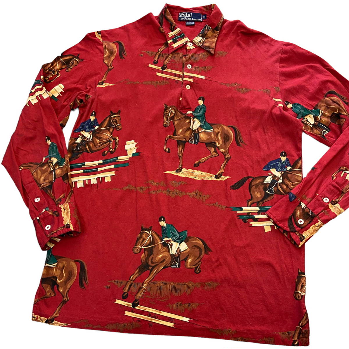 販売販売好調 Polo Ralph Lauren 乗馬 総柄 長袖 ポロシャツ M レッド コットン ホース 馬 騎手 シャツ 90s ポロ ラルフローレン